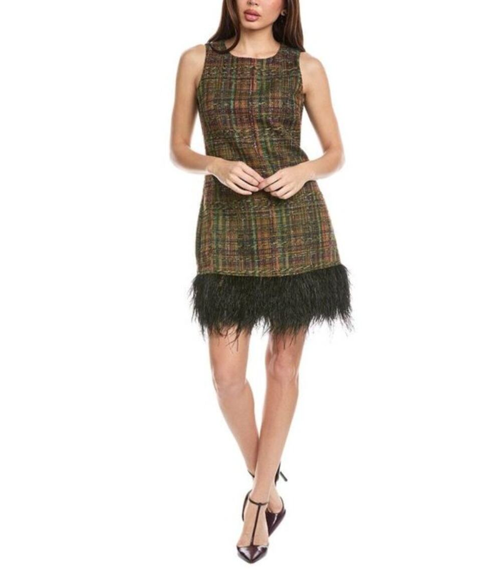 Flora Bea NYC Ellis Sheath Dress Green Waffle Tweed Size Small NWT Feather Trim